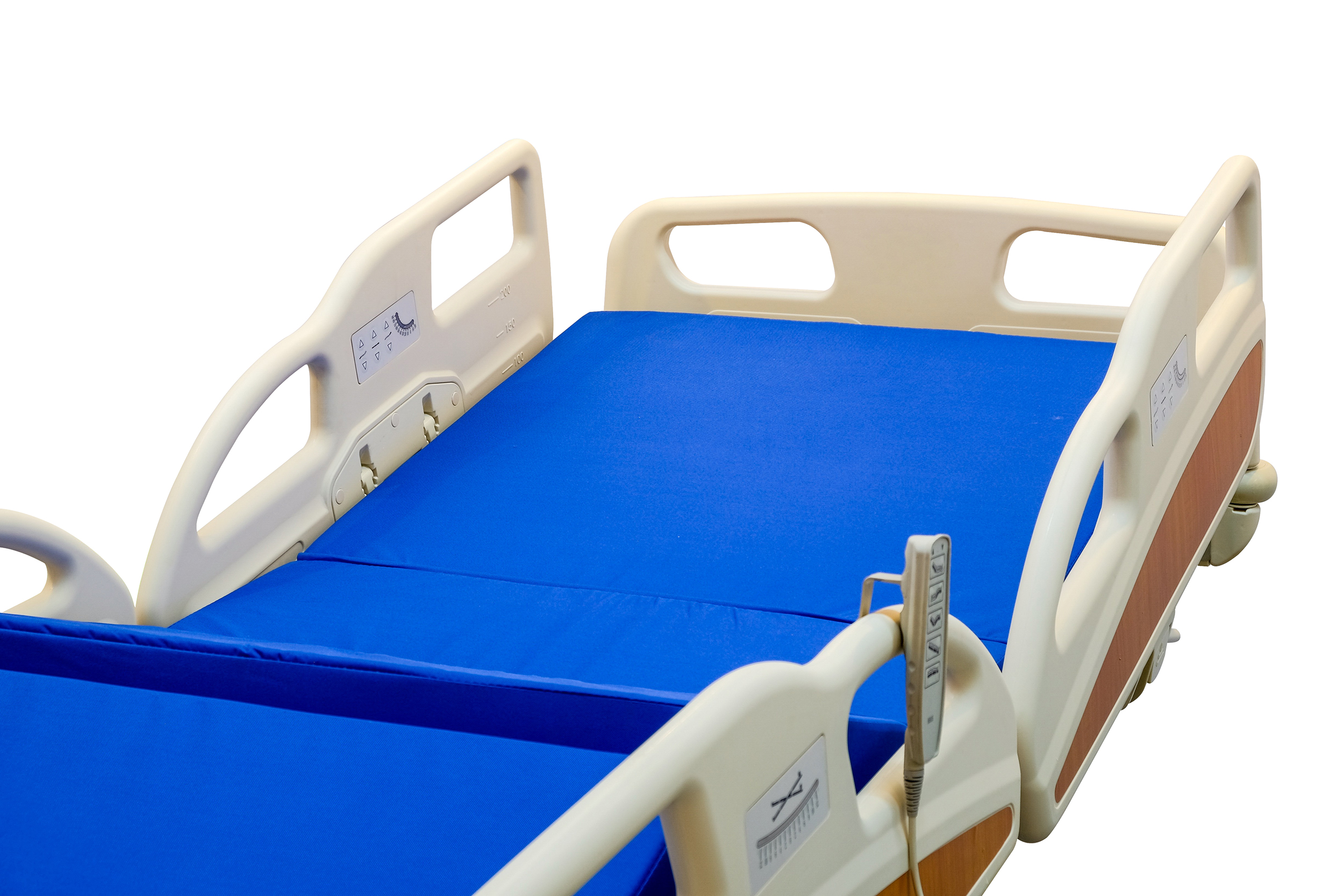 Modern patient bed with remote control for adjust the height of bed.