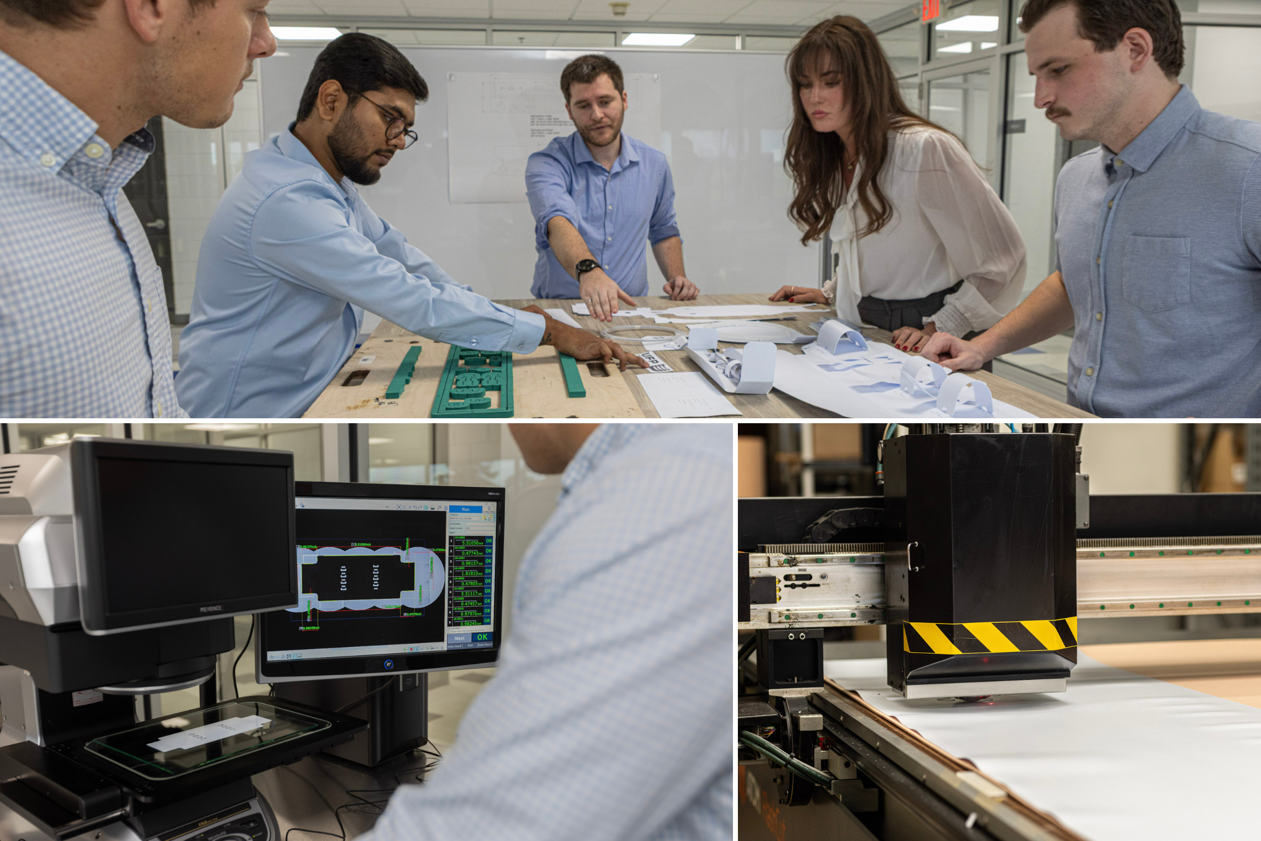 Employees collaborating over a design in a development lab